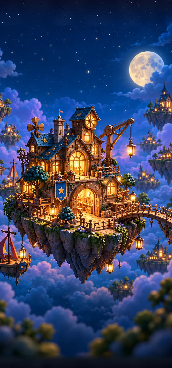 Tiny Tumbles title screen: a lantern-lit workshop floating among the clouds at night